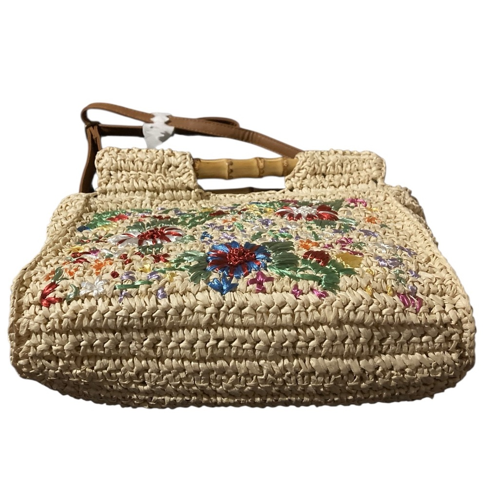 Topshop Embroidered Raffia Bag With Bamboo Handle & Detachable Strap. - Picture 5 of 13